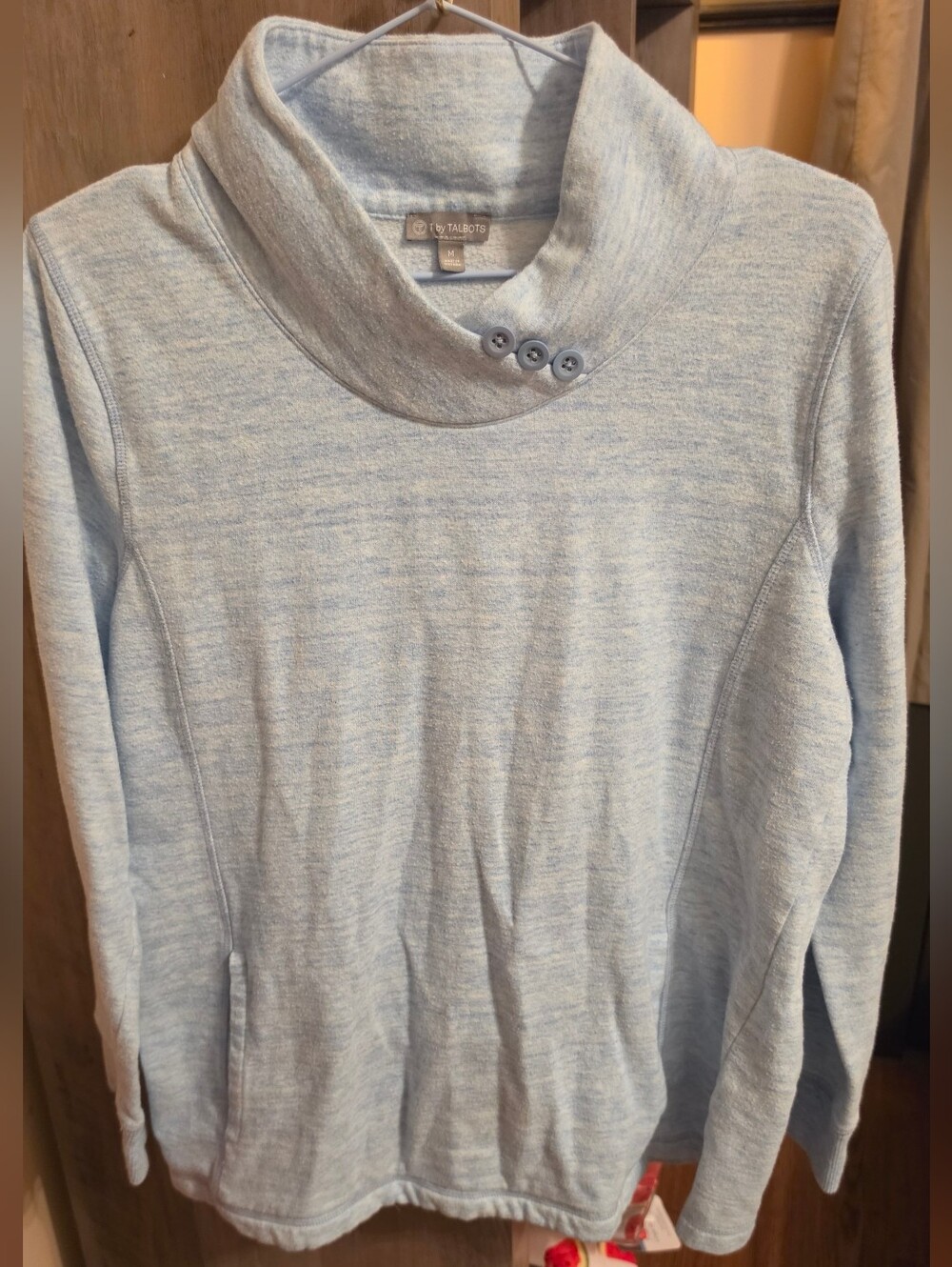 Talbots Light Blue Button-Trim Cowl Neck Sweater